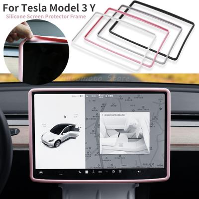 Dla Tesla Model 3 Y Silikonowa Ochronna Ramka Pokrywa Krawędzi Konsola Centralna Akcesoria Samochodowe Ochraniacz Ekranu Nawigacji Różowy Biały