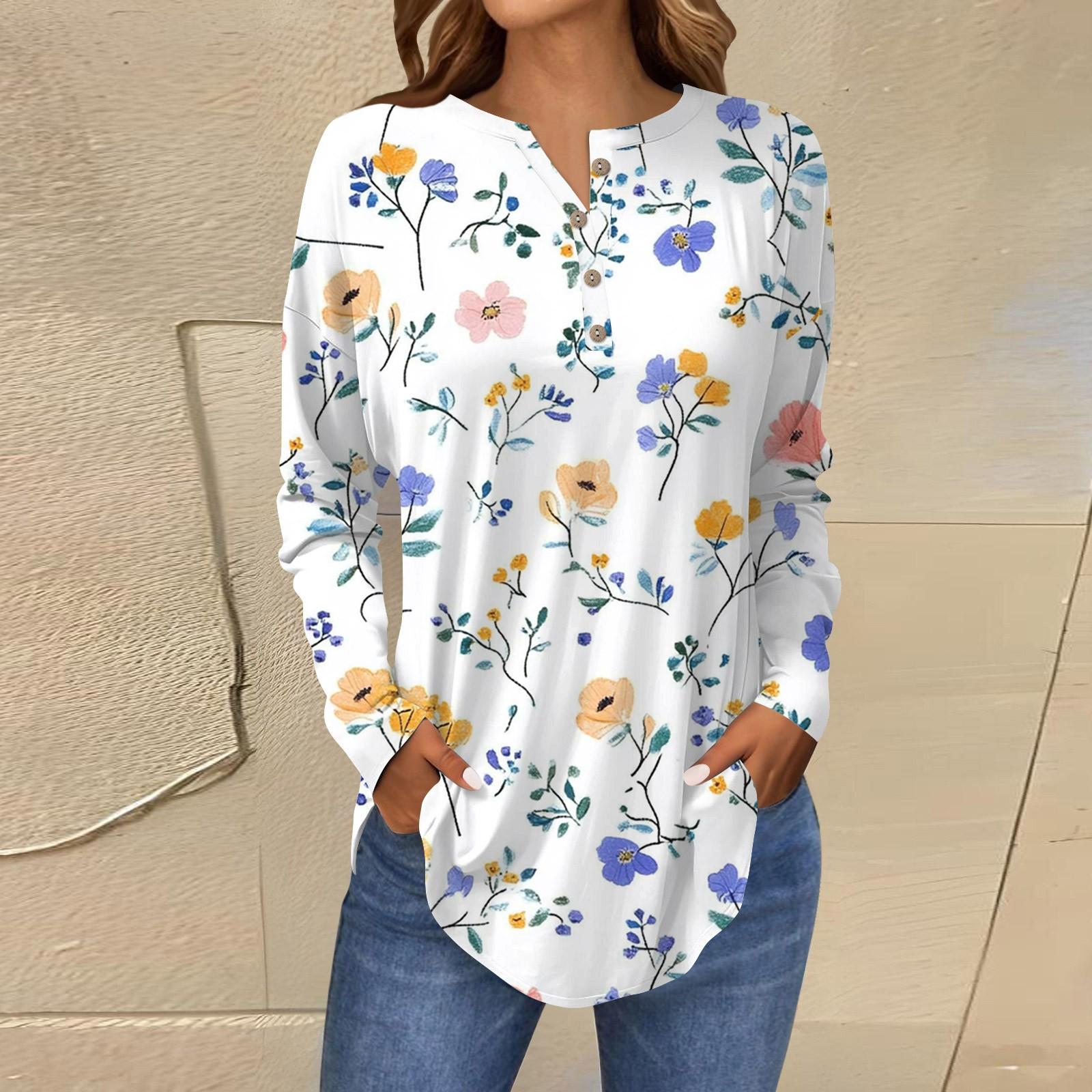 

Модная свободная футболка с длинным рукавом и цветочным принтом на пуговицах, топ-пуловер XL белый