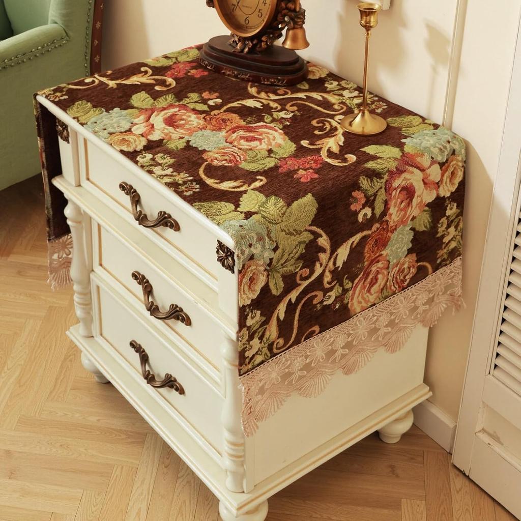 Nightstand Cover:Luxe Palace Garden Chenille Table Protector with Lace, Vintage Floral Embroidery Dresser Cover for End Table/Bedroom, Machine
