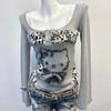 Long Sleeved T-shirt Early Spring American Style Kitten Print Patchwork Leopard Print Slim Fit Top Trend Sets