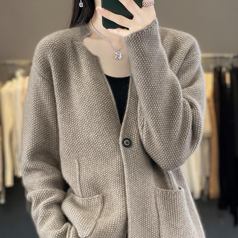Cozy 100% Wool Knitted Stand-Up Collar Cardigan - Women's Spring & Autumn Loose Outerwear, Versatile Fashion Sweater