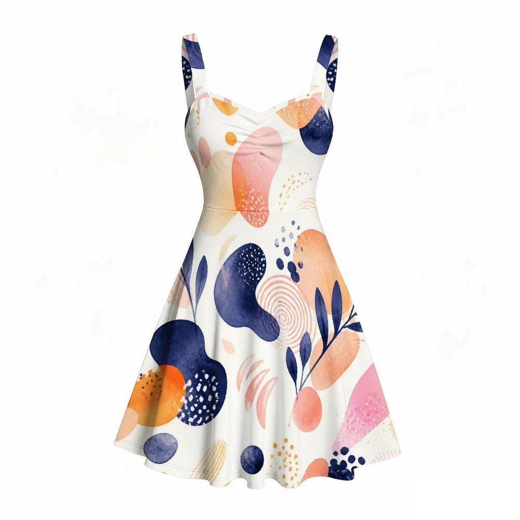 Women Plus Size Sweetheart Neck Strappy Sleeveless Abstract Printed Flared Dress