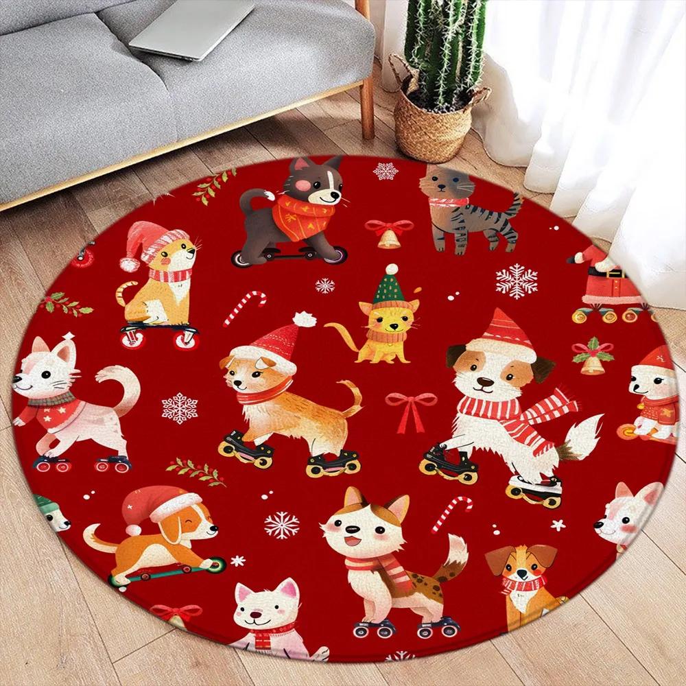 Cartoon Christmas Dinosaur Round Carpet Snowman Xmas Tree Cartoon Animal Kids Mat Home Living Room Bedroom Decorative Floor Rugs