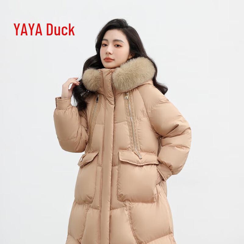 YAYA Women's Faux Fur Collar Hooded Thickened Long Down Jacket