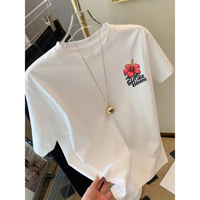 

Women S Hawaiian Tropical Floral Print Short Sleeve T-Shirt - Casual Crew Neck, Vibrant Red Hibiscus & Green Leaves Design, Hawaiian T Shirt 4XL білий
