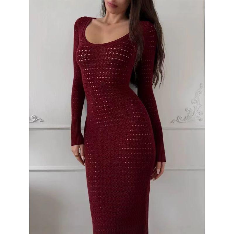 

Fashion New Fashion Sexy Cut Out Knitted Long-Sleeved Dress Sexy Hollow Knitted Dress Dark red S