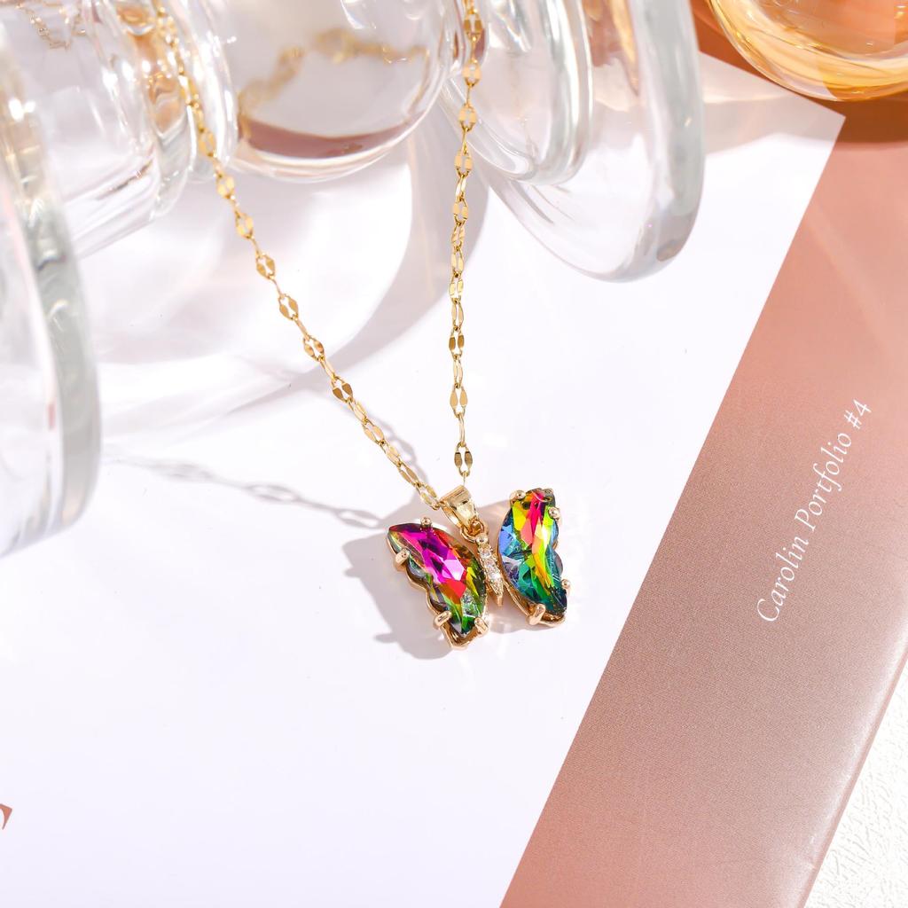 Iridescent Gradient Butterfly Necklace with Zirconia Rhinestones - Titanium Steel Clavicle Chain Pendant.