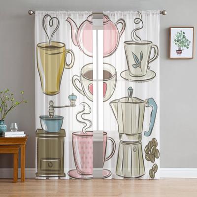 Coffee Cup Teapot Sheer Curtains For Living Room Bedroom Tulle Curtains Kitchen Window Treatments Panel Drapes