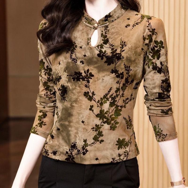 

Popular Retro Stand Collar Frog Button Long Sleeve Top for Women 2X Large