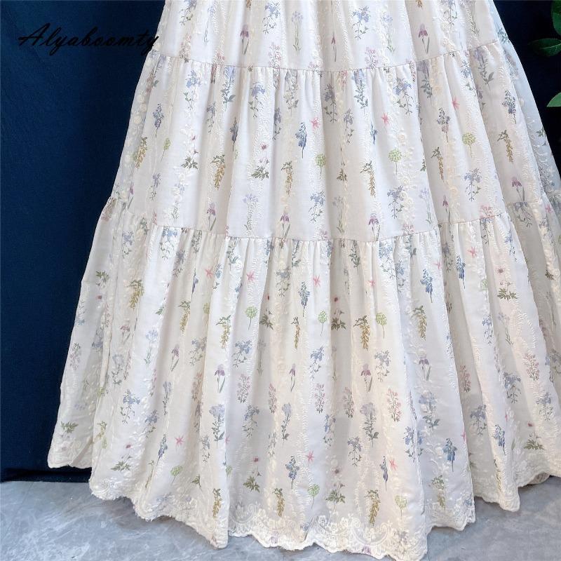 Prairie Chic Spring Summer Women Sweet Skirt Elastic Waist Floral Embroidery Midi A-Line Skirt Elegant Feminine Ladies' Fairy Skirt
