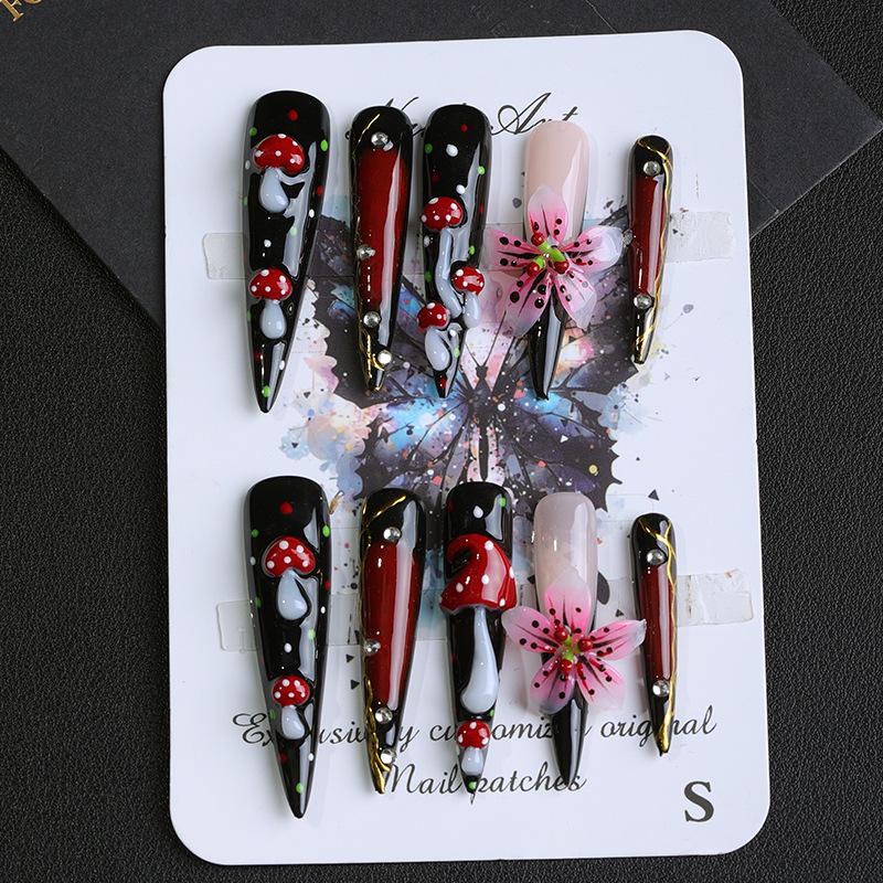 Handmade European & American Long Pointed 3D Mushroom Flower Nails - Dark Style Spicy Girl Nail Art