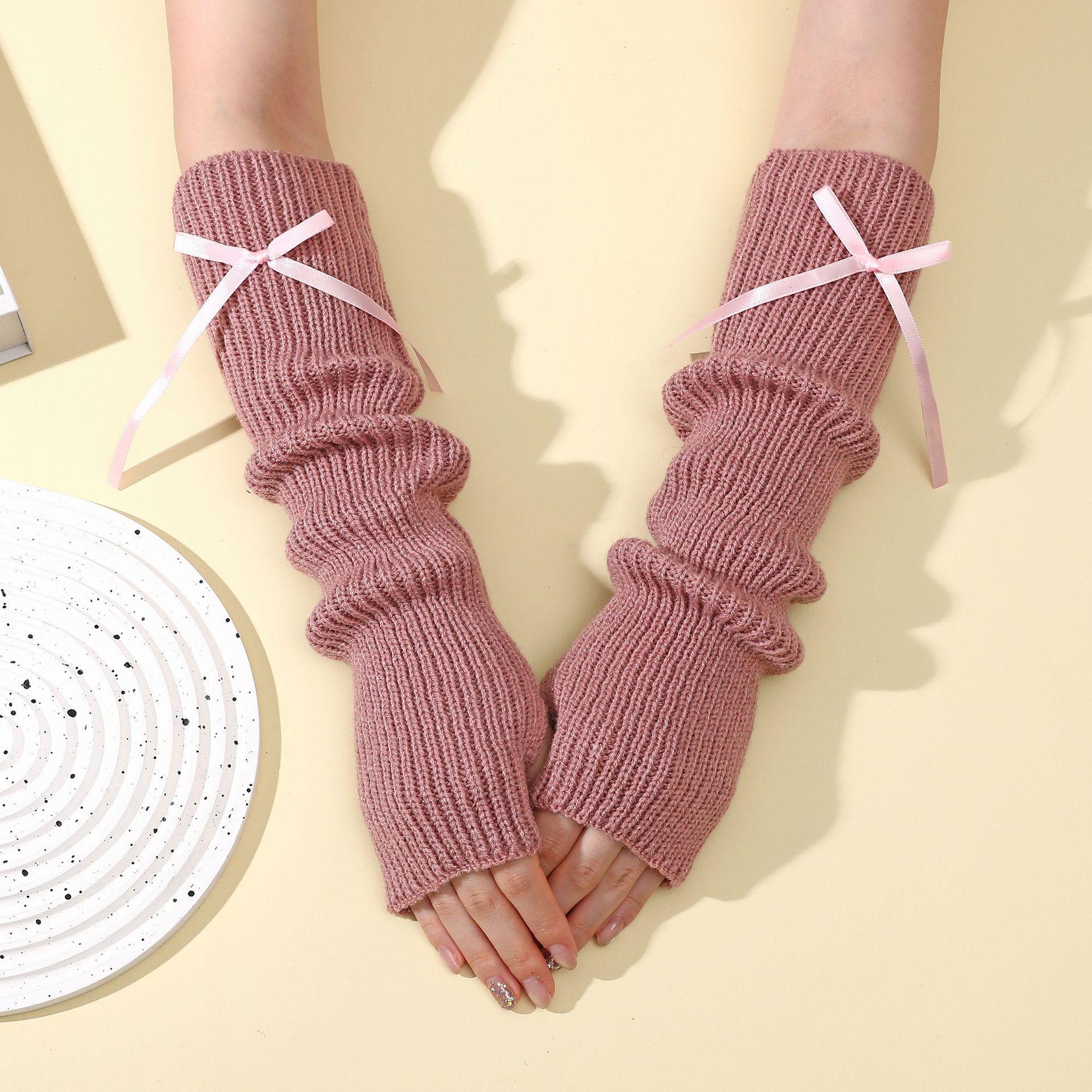 

Тонкие перчатки без пальцев с бантом и ворсом для женщин в осенне-зимнем колледжном стиле, вязаные теплые накладные рукава One Size