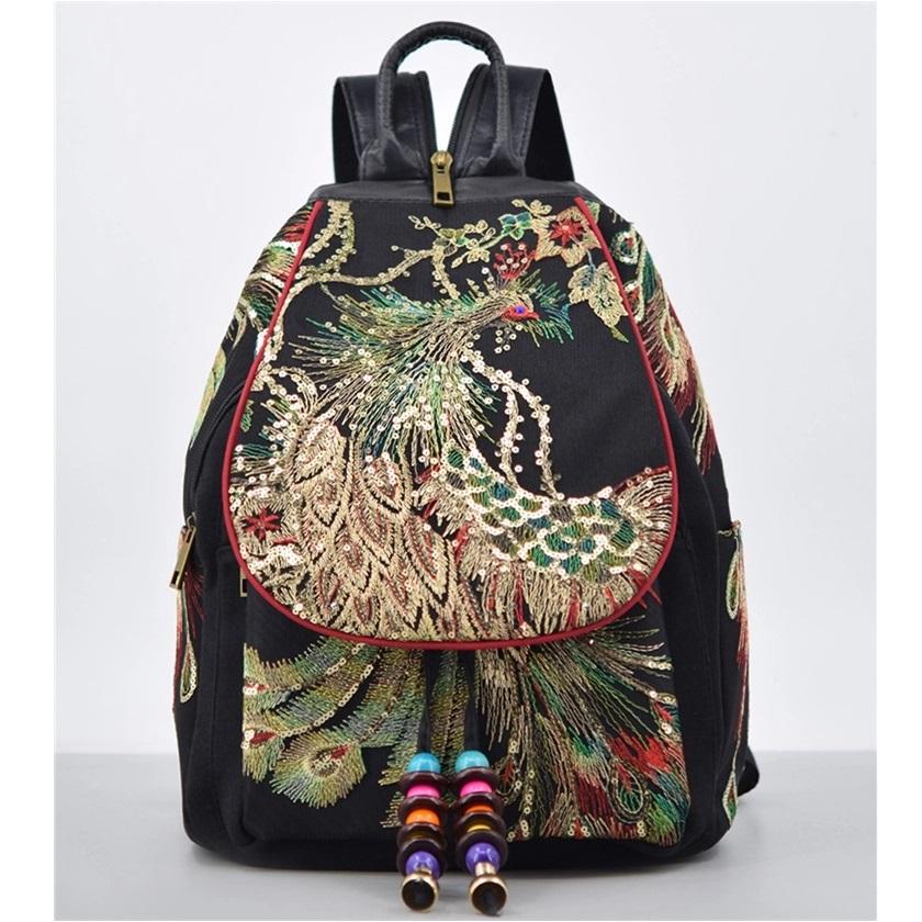 

Винтажный женский рюкзак с вышивкой павлина и блестками, национальный рюкзак в стиле бохо, дорожная школьная сумка с бусинами чёрный