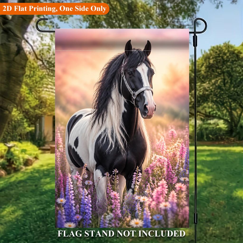 Beautiful Horse in Flower Field Single Sided Polyester Garden Flag - Single-Sided, Polyester, Outdoor Yard Decor