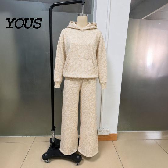 Damskie casualowe zestawy dopasowane Bluza z kapturem i spodnie w panterkę, Bluza z kapturem i kieszenią kangurką, Stroje szerokie nogawki luźne dwuczęściowe zestawy do salonu na jesień