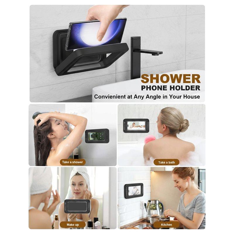 ABBP-Shower Phone Holder With Speaker 480 Rotation,Wall Phone Mount For Shower Waterproof Anti Fog Shower Case