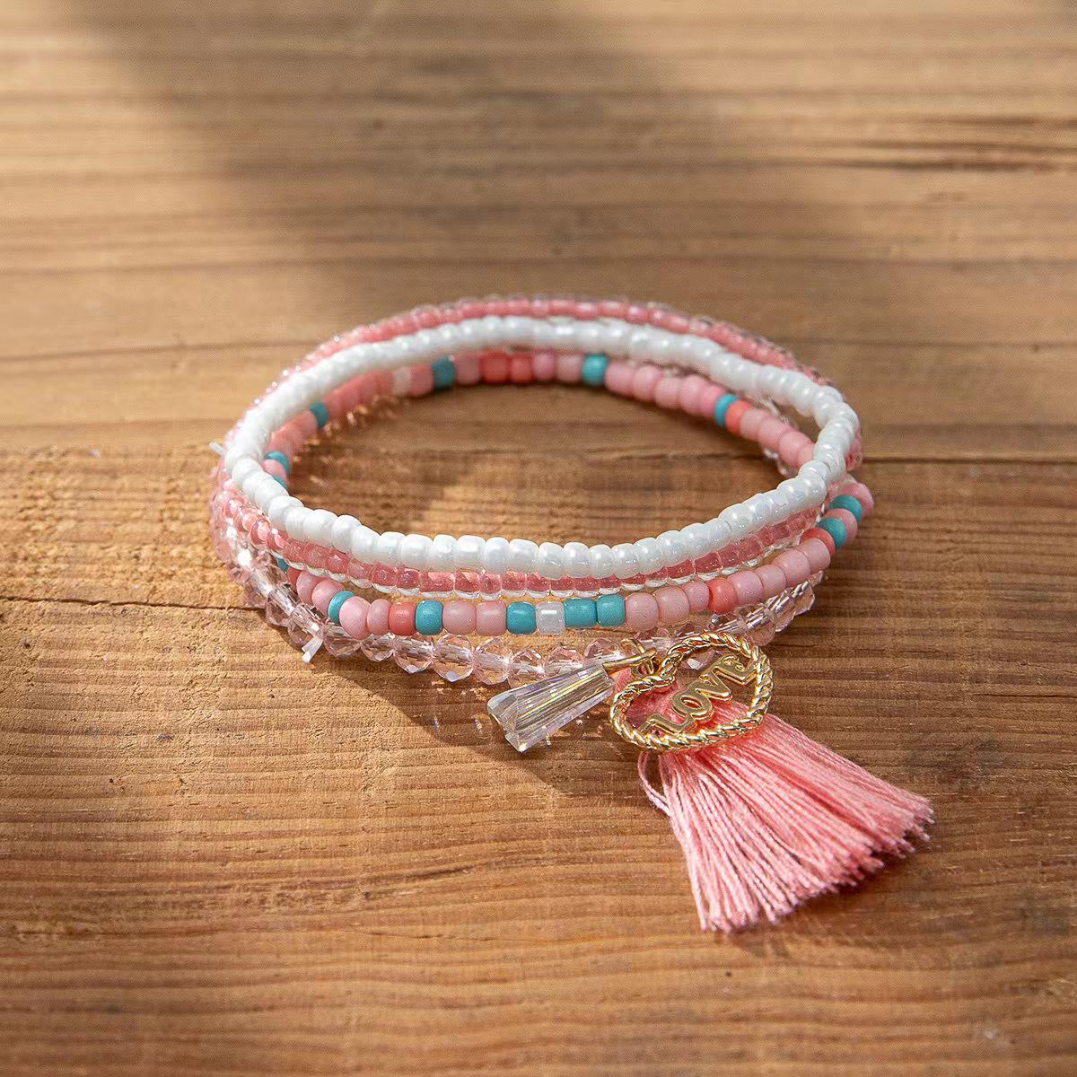 

Богемский многослойный розовый браслет с кисточками и бусинами любви для женщин