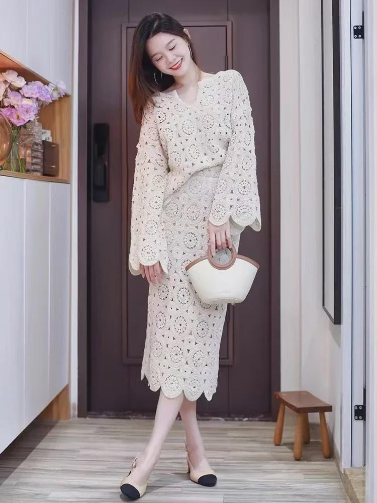 2023 Autumn Gentle Style Lace Shirt & Midi Skirt Set for Women