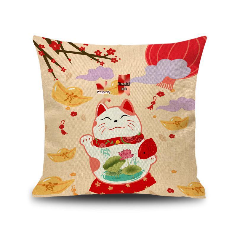 Lucky Cat Spring Festival Cushion Cover