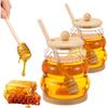 2pcs 15oz Glass Honey Jar with Dipper, Honey Pot with Dipper and Lid Jam Container Set,Wood Base and Lid Syrup Dispenser for Chocolate Syrup