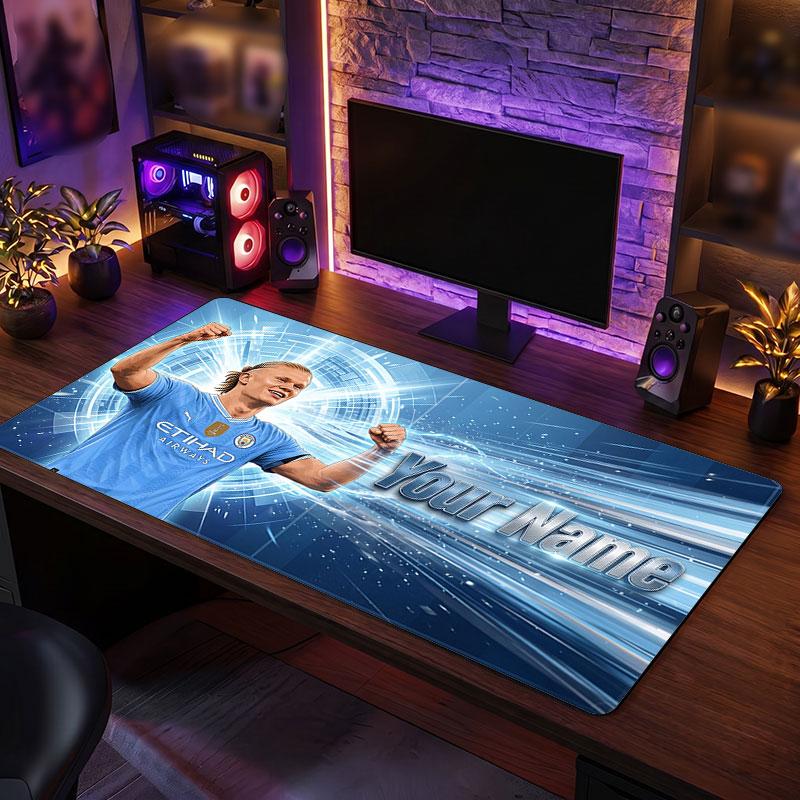 Erling Haaland Custom Large Mouse Pad, Personalized Name Text Print, Football Logo Non‑Slip Desk Mat Gaming Gift