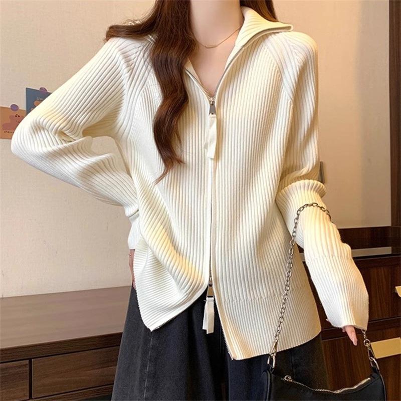 Large size women's clothing autumn and winter solid color double-ended zipper thin pit strip lazy temperament cardigan lapel knitted sweater top