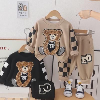 2024 Boys' Korean Bear Cartoon Sweatshirt & Sweatpants Set - Spring/Autumn Fashion for Small & Medium Kids