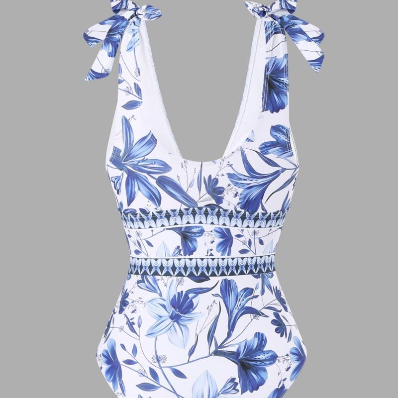 Sexy bikini one-piece swimsuit chiffon skirt round skirt shoulder V-neck swimsuit beach gathering conservative belly cover