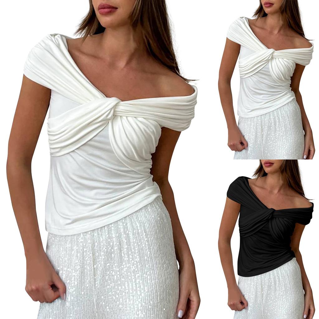 One-Shoulder T-Shirt Summer Street Trend Hot European And American Top Pleated V-Neck Off-Shoulder Short-Sleeved T-Shirt