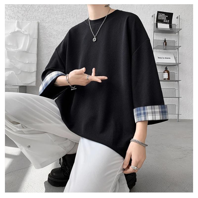Men T Shirts Summer Men's Women Oversized Korean Style Loose Plaid Casual Seven Sleeves White