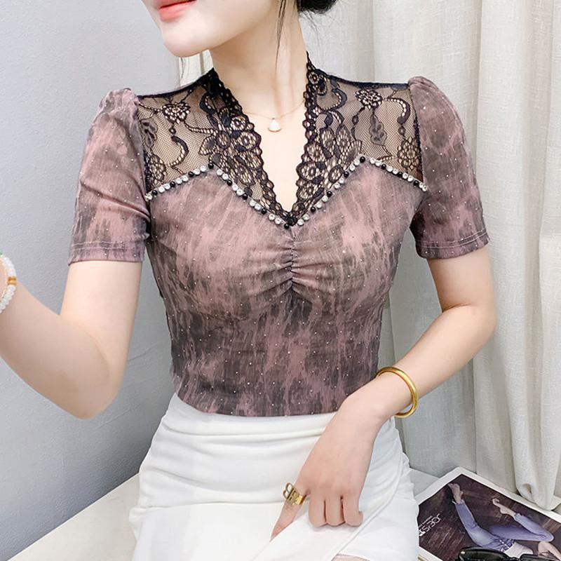 New Summer Women's T-Shirt Elegant Lace Patchwork Hot Diamonds Tops Shirts Fashion Short Sleeved V-Neck Slim Mesh Tees