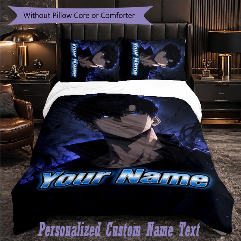 Personalized 3Pcs Bedding SetSolo Leveling Custom Text Duvet Cover Pillowcase Set Bedroom Gift