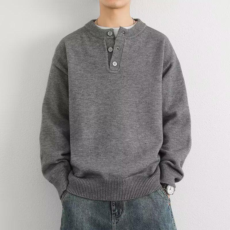 2025 Men's High-Quality Solid Color Retro Henley Knitwear for Autumn/Winter