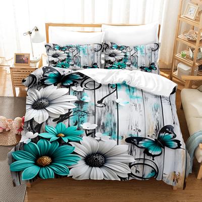 Full Size Simple Teal Bedding Sets 3D Printed Floral Minimalist Style 3pcs Duvet Cover Comforter Not Included Room Decoration