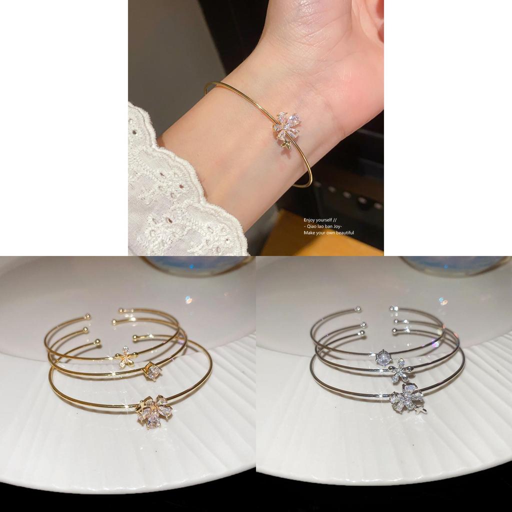 Fashion Jewelry Zircon Flower Butterfly Open Cuff Bracelet For Women Stylish Elegant Hand Accessory