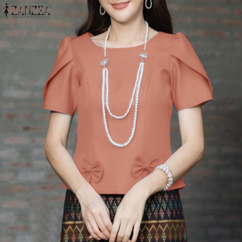 ZANZEA Women Summer Round Neck Solid Color Casual Short Sleeve Blouse