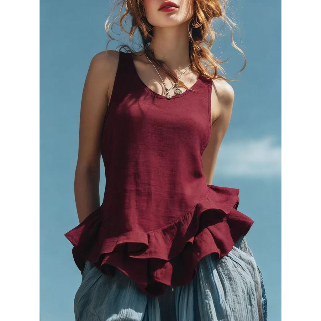 Spring Summer New Women's Casual Fashion Sleeveless Ruffled Hem Top, European American Style for Crossborder Outfit