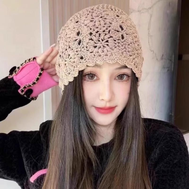 Women's Handmade Knitted Flower Hat Spring Autumn Thin Hollow Retro Literary Style Travel Baotou Stacking Cap