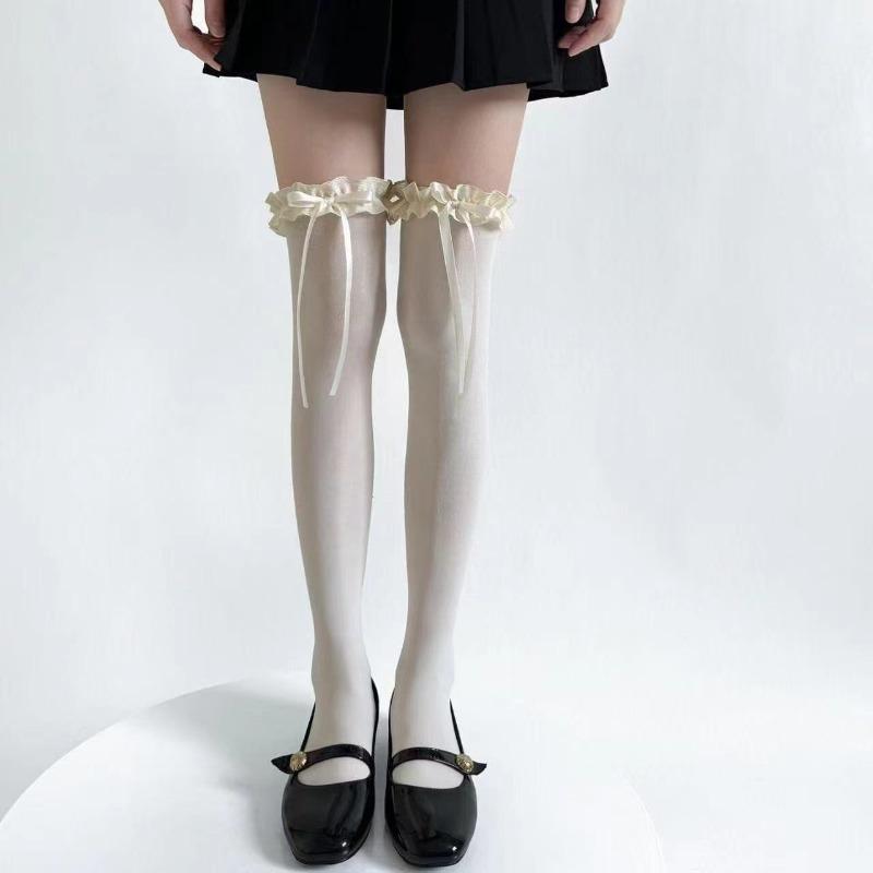 Damen Spitze Schwarz Weiß Rüschen Lange Socken Damen Mädchen Süße Strümpfe JK Lolita Nylon Spitze Leggings Über Knie Schleife Strumpfwaren