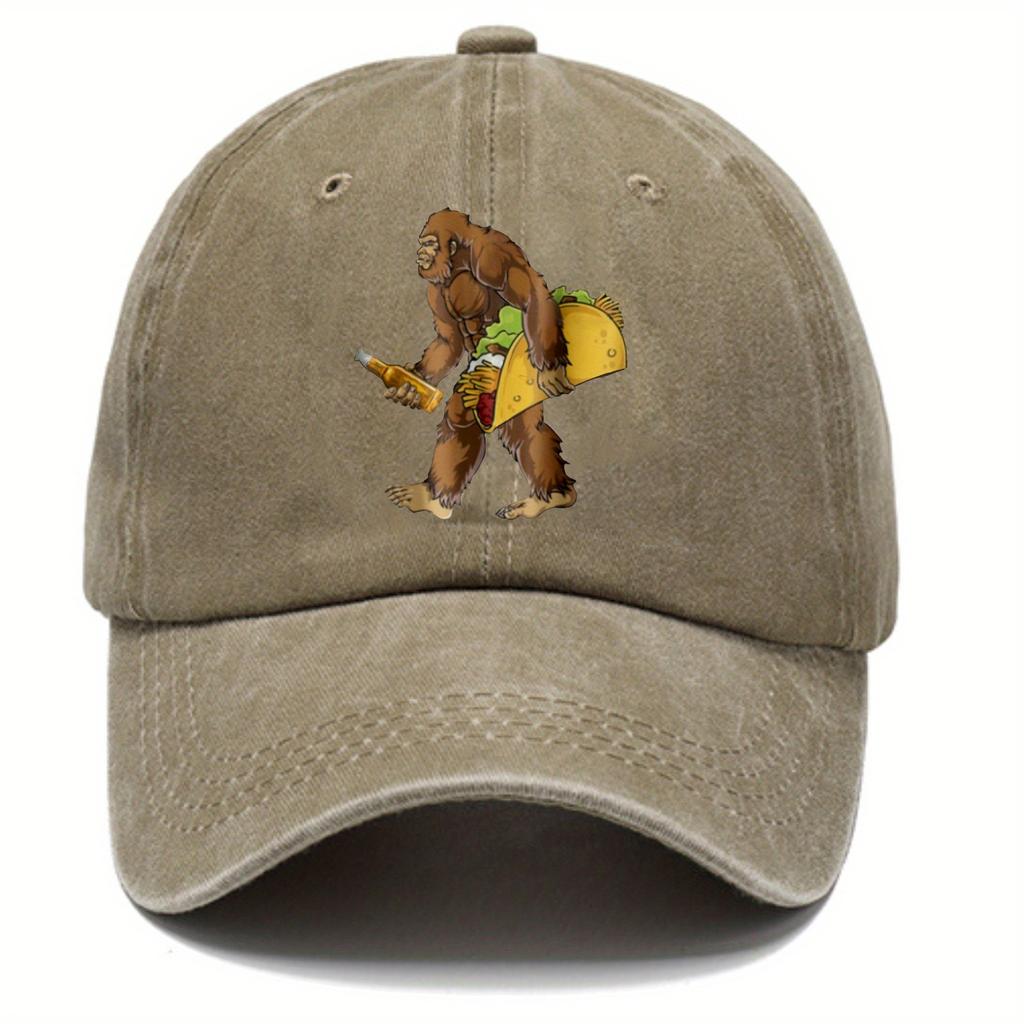 Gorilla Holding Beer And Taco Baseball Cap Denim Washed Adjustable Outdoor Sports Cap Unisex