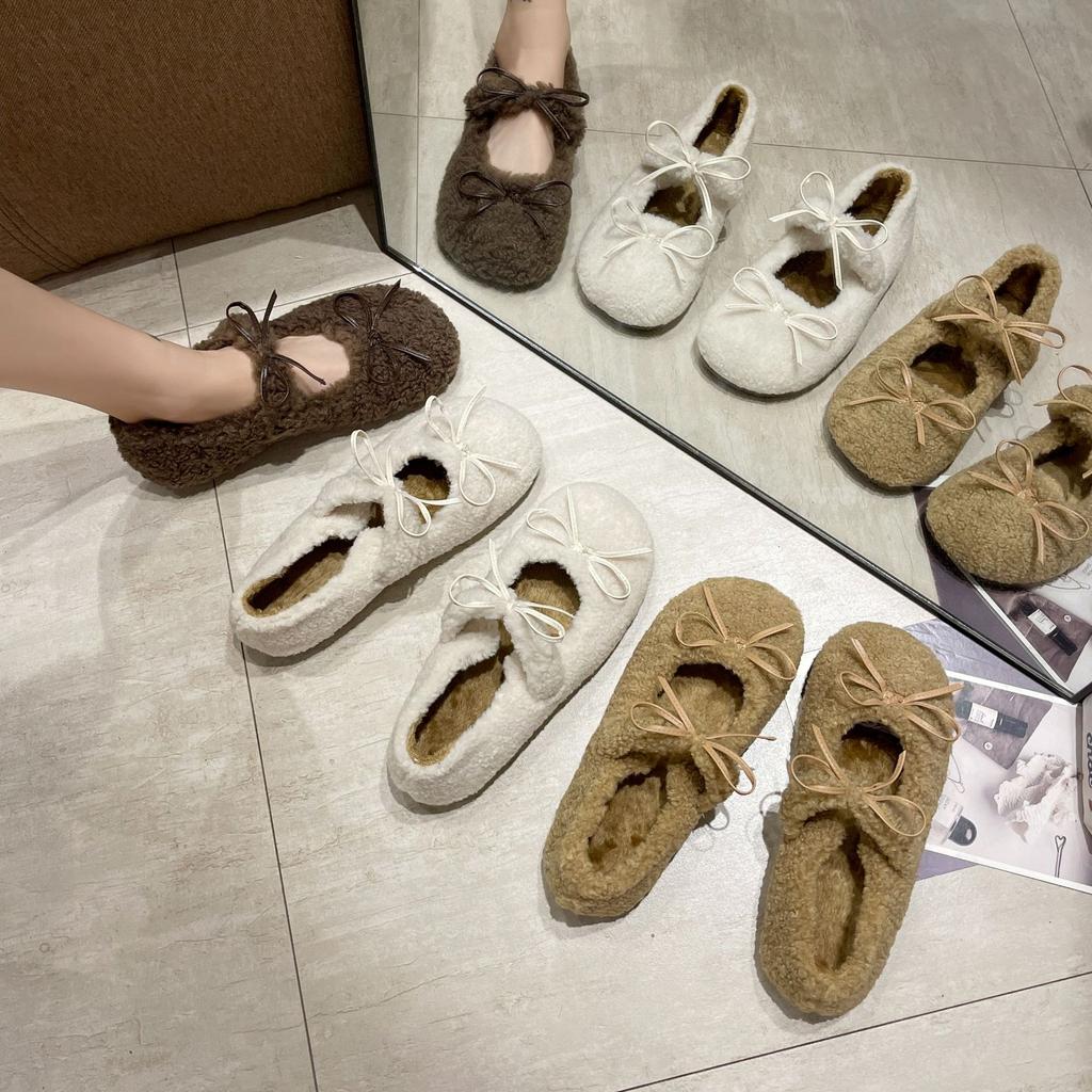 Fan Jieya Flat-bottomed Plush Shoes Women's Winter Wear 2025 Autumn and Winter New Bow Doudou Single Shoes