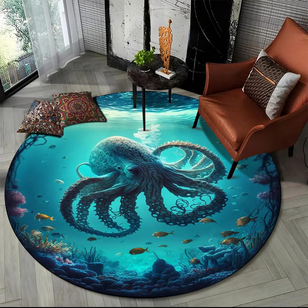 Underwater World Seabed Fish Dolphin Cartoon Round Carpet Rug for Living Room Bedroom Kids Decor,Pet Area Rug Non-slip Floor Mat