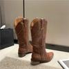 Feiern Sie Retro Nieten Lange Stiefel Damen Niedriger Absatz Cowboy Western PU Leder Kniehoch Gothik Neue Damenschuhe Vintage Braun Botas