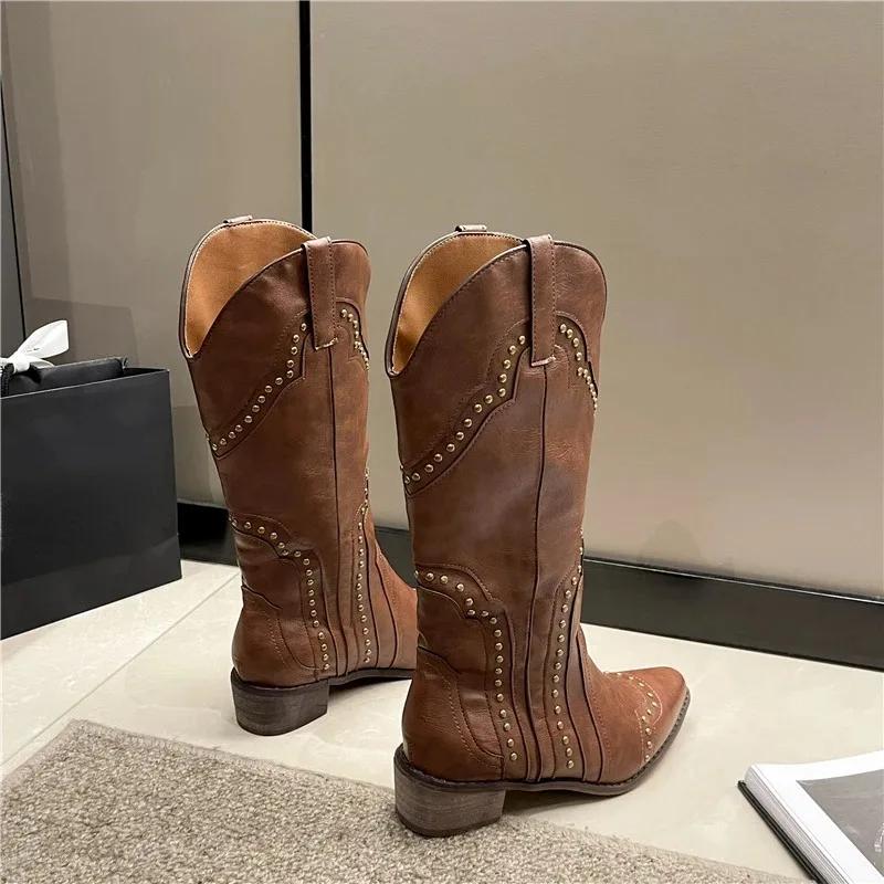 Comemore Retro Rivet Long Boots Women Low Heel Cowboy Western Pu Leather Knee High Gothic New Ladies Shoes Vintage Brown Botas