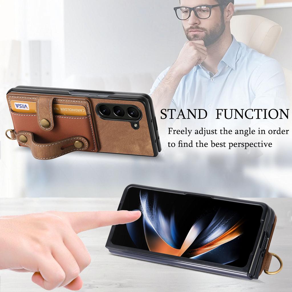 Für Samsung Galaxy Z Fold6 5G Hülle Kartenhalter Armband Leder+PC Abdeckung mit Riemen