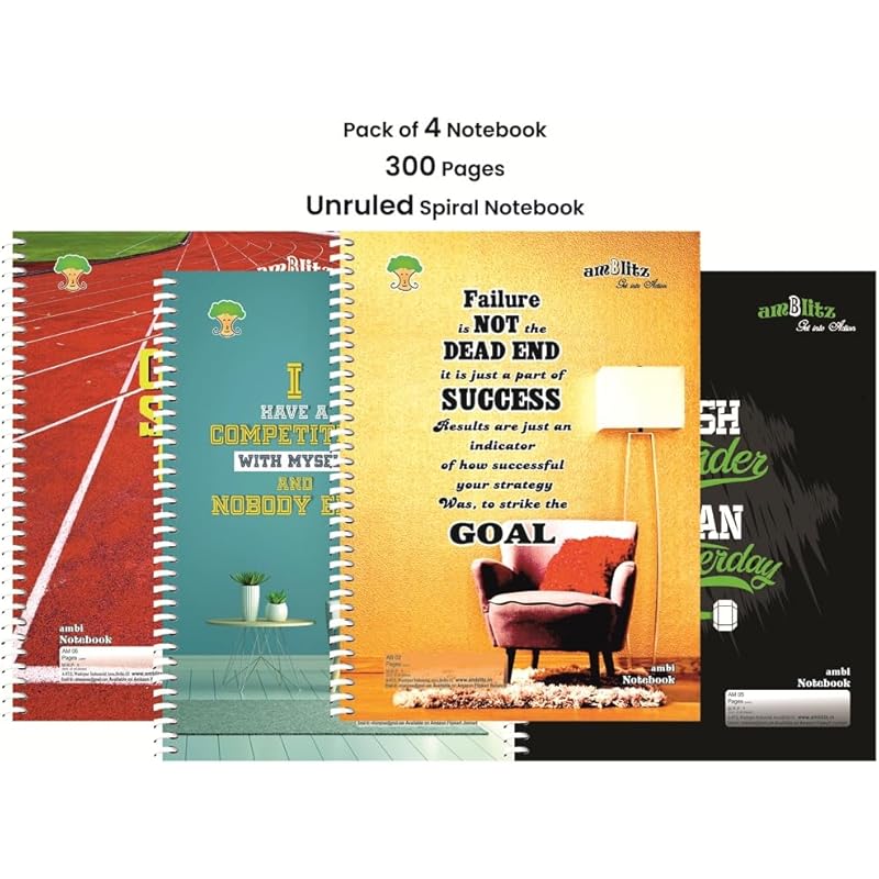 

Amblitz Spiral Notebook | Unruled | 300 Pages | Pack Of 4 | A4 Size | 70 Gsm Thick Paper | Spiral Notebook Combo Regular