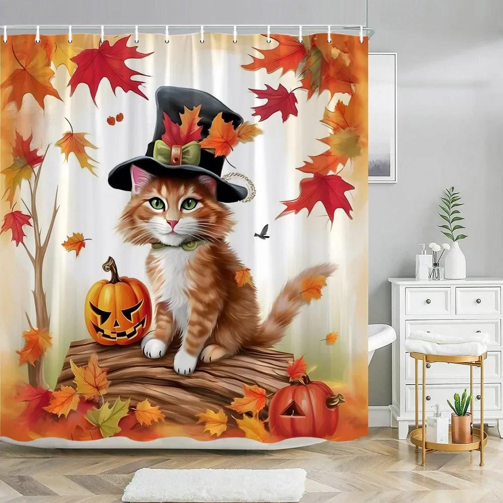 

Autumn Pumpkin Flower Skeleton Shower Curtain Rug Bathroom Set Horror Artist Home Polyester Cloth Bath Curtains Bathroom Decor W90xH180cm