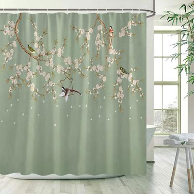 Blumen Vogel Duschvorhänge Floral Pflanze Vintage Chinesischer Stil Badevorhang Set Polyester Stoff Badezimmer Dekoration Mit Haken