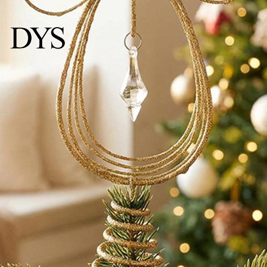 Holiday Seasonal Home Decor Angel Christmas Tree Topper, Gold Glitter Metal Wire Crown Decorative Accents Ornament for And Indoor Decorations