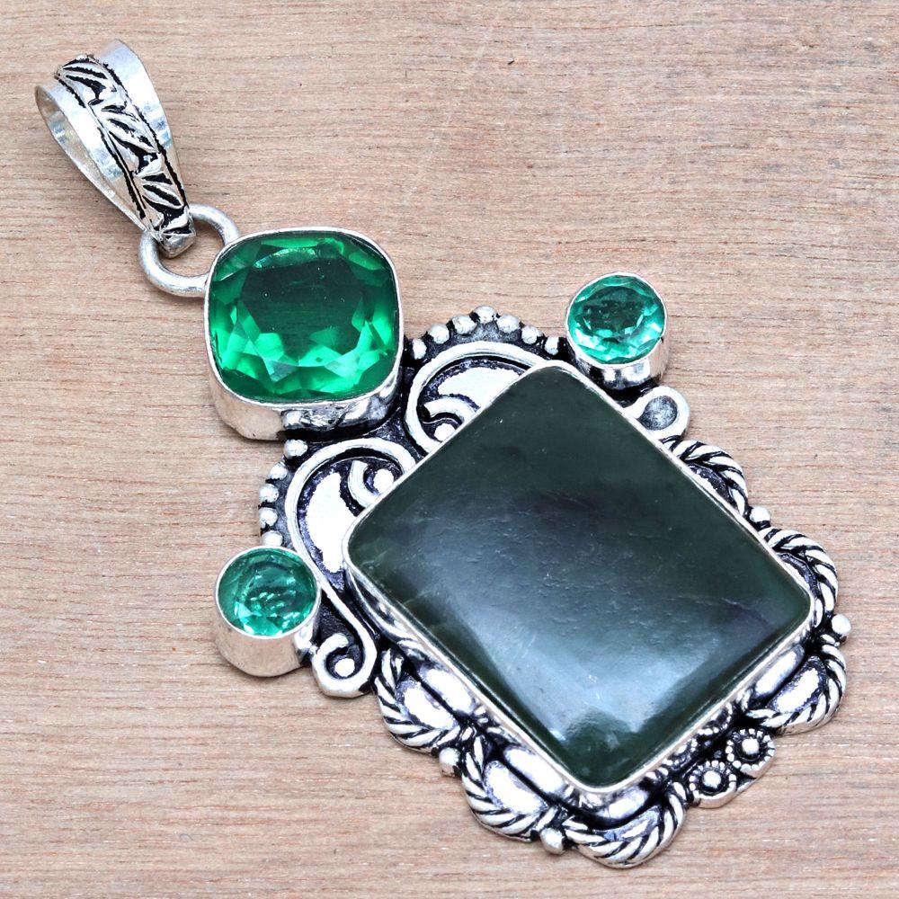 Pendant Black Spinal Emerald Quartz Gemstone Handmade Silver Jewelry 2.5"